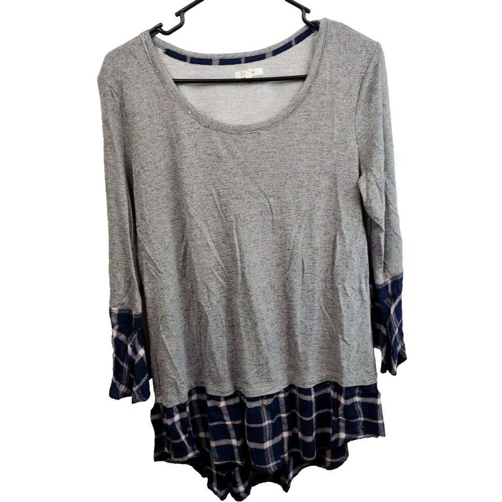Maurices Womens BOHO Tunic Top Large Gray Plaid Contrast Bell Sleeve‎ Pullover